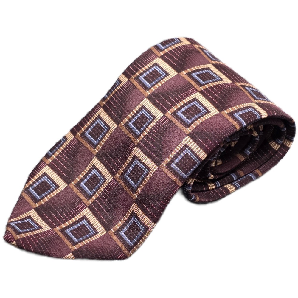 Zylos Gold George Machado Silk Tie Men's Burgundy‎ Geometric Square Classic